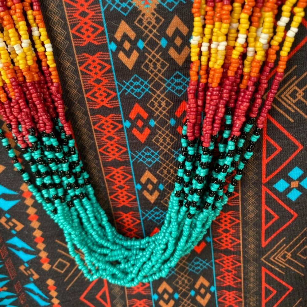 Southwestern 18strand Seed Bead Necklace turquoise Indian summer beaded jewelry - Picture 11 of 12